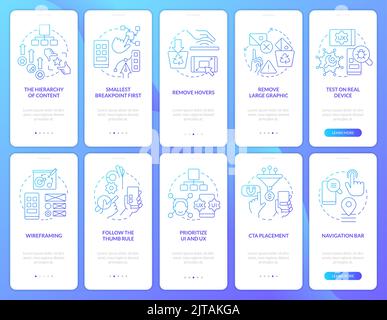 Mobile first design blue gradient onboarding mobile app screen set Stock Vector