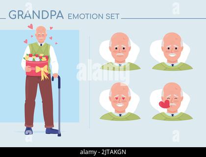 Old man falling in love semi flat color character emotions set Stock Vector