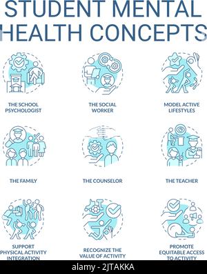 Student mental health turquoise concept icons set Stock Vector