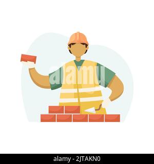Vector illustration of a male builder in a helmet laying a brick. Flat style Stock Vector