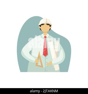 Vector illustration of a male engineer with technical drawings in his hands and wearing a helmet. Flat style Stock Vector