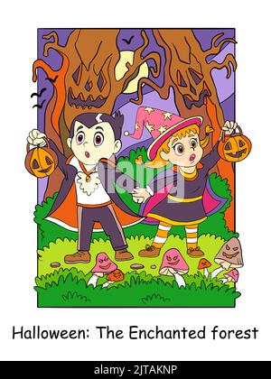 Frightened children in vampire and witch costumes in an enchanted forest. Halloween concept for children. Vector cartoon illustration. For print, deco Stock Vector