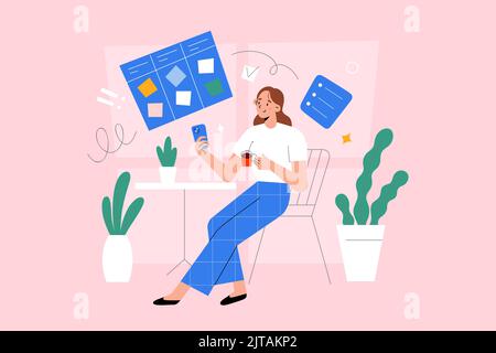 Young woman uses smartphone, digital planner, takes notes, uses personal calendar application, makes check-lists, drinks coffee in a cafe Stock Vector