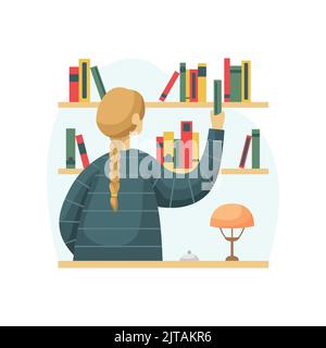 Vector illustration of a librarian woman arranging books on shelves. Flat style Stock Vector