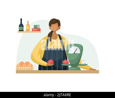 Vector illustration of a saleswoman behind a counter with products and scales. Flat style Stock Vector