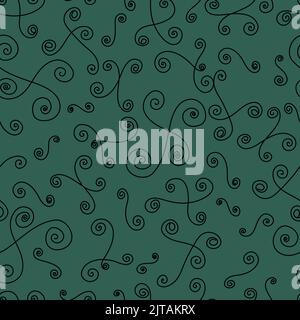 Simple seamless vector pattern with different curls. Green and black ornament background. Smooth and organic template with lines, waves, curls, circle Stock Vector