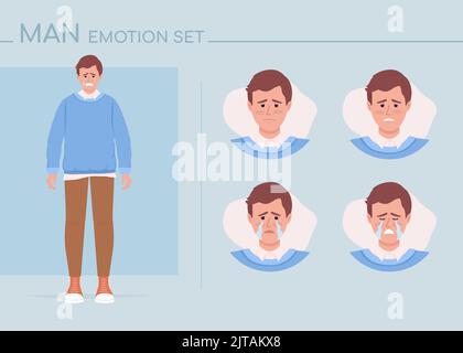 Unhappy young man semi flat color character emotions set Stock Vector
