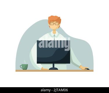 Vector illustration of a male office worker working at a desk with a computer. Flat style Stock Vector