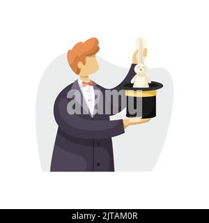Vector illustration of a male magician pulling a hare out of a hat. Flat style Stock Vector