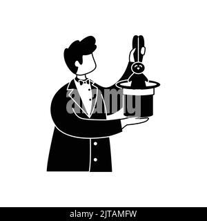 Vector illustration of a male magician pulling a hare out of a hat. Outline Stock Vector