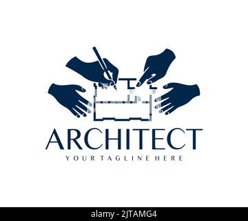 Architects, engineers, contractor, holding pen and pointing at blueprint, logo design. Architectural construction house and sketch plan, building Stock Vector