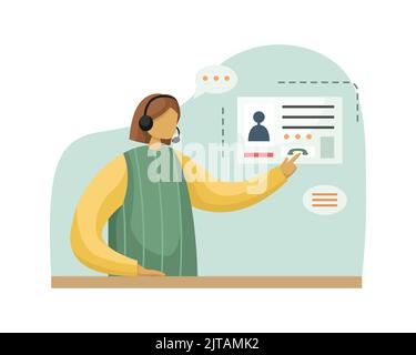 Vector illustration of a girl working in a call center wearing headphones with a microphone. Flat style Stock Vector
