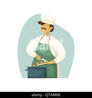 Vector illustration of a male chef cooking food in a saucepan. Flat style Stock Vector
