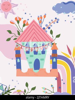 Cute colorful composition with cartoon princess castle, rainbow, sun, flowers and leaves. Fairy compositions for your design. Vector illustration Stock Vector
