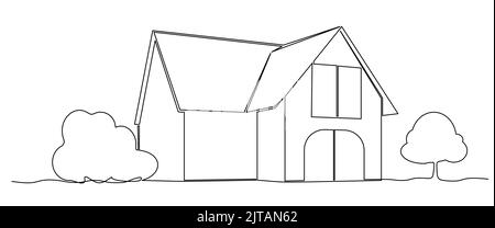 single line drawing of single-familiy home, line art vector illustration Stock Vector