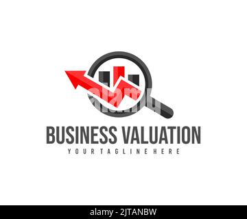 Business valuation, charts, magnifying glass and chart up, logo design. Financial planning, finance, budget, analysis and investment, vector design Stock Vector