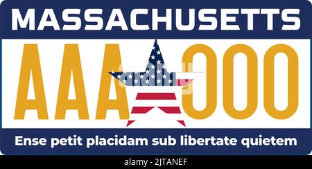 Vehicle license plates marking in Massachusetts n United States of America, Car plates.Vehicle license numbers of different American states.Vintage Stock Vector