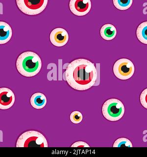 Creepy Cute Halloween Design. Halloween Eyeballs Purple Pattern. Eyeball Seamless Pattern On Purple Background. Stock Vector