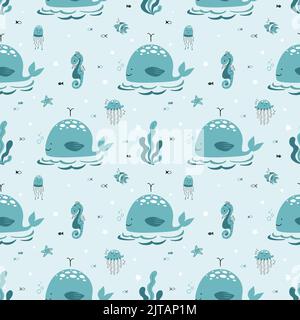 Cute seamless pattern nautical theme. Ocean and sea life background for children Stock Vector