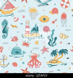 Cute seamless pattern nautical theme. Ocean and sea life background for children Stock Vector