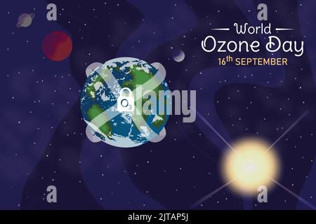 World Ozone Day Realistic Design Vector Illustration. September 16 celebration and awareness graphic. Sun earth Galaxy space horizontal background. Social media post, website header, graphic resource Stock Vector