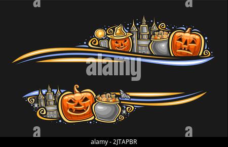 Vector border for Halloween with copy space for congratulation text, decorative greeting card with illustration of creepy halloween jack-o-lantern in Stock Vector