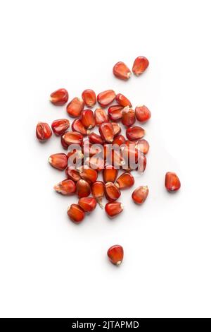 red corn seeds scattered on white background, sweet corn grains taken straight from above Stock Photo