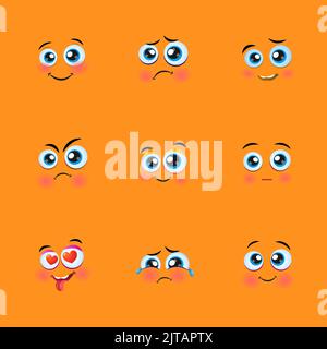 Cartoon faces. Funny face expressions, caricature emotions. Cute character with different expressive eyes and mouth, vector happy emoticon collection. Stock Vector