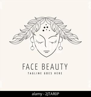 Line art style female face illustration design logo with flower hair and leaves in elegant style, symbol, template, vector Stock Vector