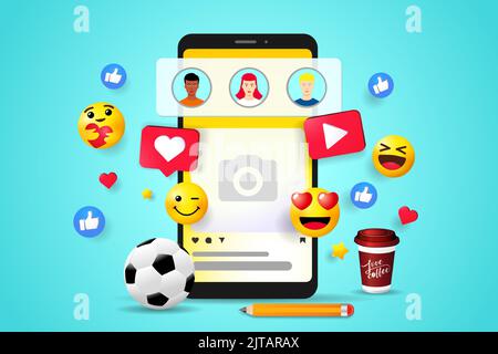 3D Social media platform, online communication concept. Applications template, emoji, hearts, ball, chat and chart with smartphone background. Vector Stock Vector