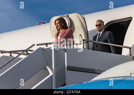 United States Vice President Kamala Harris and second gentleman Douglas Emhoff arrive to view NASA's Space Launch System launch ahead of the Artemis I mission to lunar orbit at the agency's Kennedy Space Center in Florida on Aug. 29, 2022. The uncrewed space craft consists of the Space Launch System rocket and Orion spacecraft.Credit: Alex G Perez/Pool via CNP /MediaPunch Stock Photo