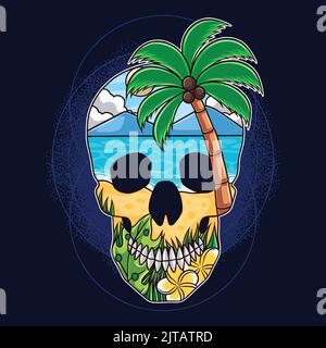 Summer skull with beach nature concept vector. Skull. Human skull design with palm tree Stock Vector