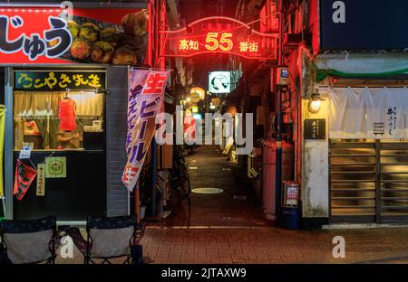 Kochi, Japan - August 10, 2022: Empty entrance to quiet back alley filled with restaurants at night Stock Photo