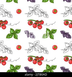 Tomatoes and basil leaves vector pattern. One continuous line art drawing for background,fabric, textile, wallpaper, print, wrapping paper, texture Stock Vector