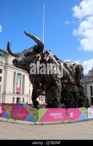 Giant mechanical bull that was built for the Commonwealth Games in Birmingham in 2022 and now stands as a tourist attraction in Centenary Square. Stock Photo