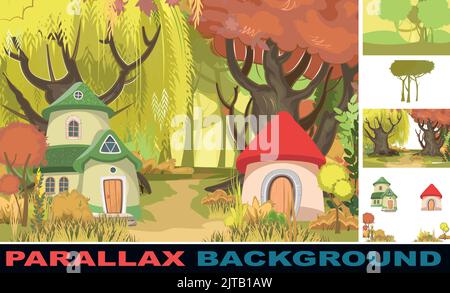 Fairy-tale houses against backdrop of forest landscape. Set parallax effect. Clearing and path among trees. Suburban rural village scene. Cartoon flat Stock Vector
