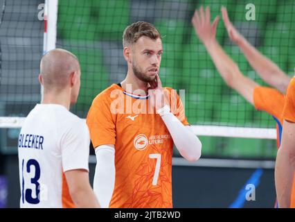 LJUBLJANA, SLOVENIA - AUGUST 29: Gijs Jorna of the Netherlands reacts during the FIVB Volleyball Men's World Championship - Pool F - Preliminary Phase match between Netherlands and Argentina at the Arena Stozice on August 29, 2022 in Ljubljana, Slovenia (Photo by Borut Zivulovic/BSR Agency) Stock Photo