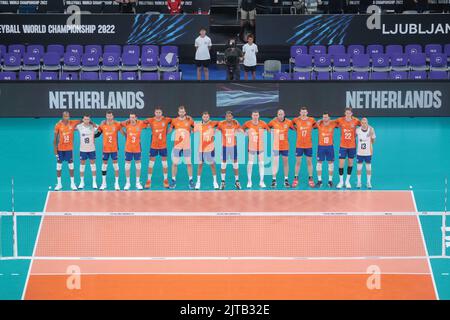 LJUBLJANA, SLOVENIA - AUGUST 29: Players of the Netherlands during the FIVB Volleyball Men's World Championship - Pool F - Preliminary Phase match between Netherlands and Argentina at the Arena Stozice on August 29, 2022 in Ljubljana, Slovenia (Photo by Borut Zivulovic/BSR Agency) Stock Photo