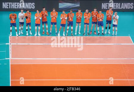 LJUBLJANA, SLOVENIA - AUGUST 29: Players of the Netherlands react during the FIVB Volleyball Men's World Championship - Pool F - Preliminary Phase match between Netherlands and Argentina at the Arena Stozice on August 29, 2022 in Ljubljana, Slovenia (Photo by Borut Zivulovic/BSR Agency) Stock Photo