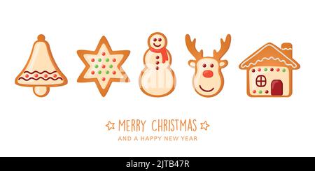christmas greeting card with cookies gingerbread set sweet decoration Stock Vector