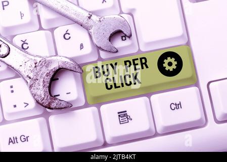 Conceptual caption Buy Per Click. Word for Online purchasing ecommerce modern technologies to shop Speech Bubble On Floor With Important Information Stock Photo