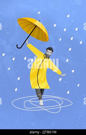 Vertical collage picture of impressed crazy gun black white colors walking hold umbrella rainy weather isolated on painted blue background Stock Photo