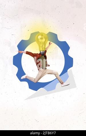 Vertical collage picture of excited person jump run light bulb instead head huge configuration symbol isolated on painted background Stock Photo