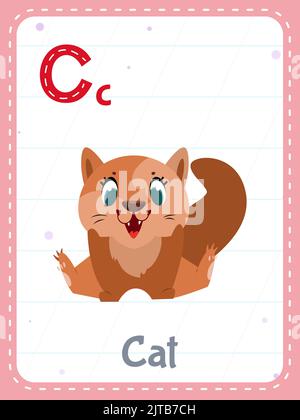 Alphabet printable flashcard with letter C. Cartoon cute cat animal picture and english word on flash card for children education. School memory cards for kindergarten kids flat vector illustration. Stock Vector