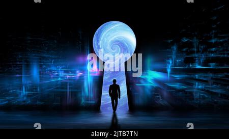 Path to digital technology. The silhouette of a successful man in the keyhole. The businessman is mastering digital cloud computing. The gateway to th Stock Photo