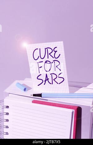 Hand writing sign Cure For Sars. Word for Medical treatment over severe acute respiratory syndrome Businesswoman Wearing Virtual Reality Simulator And Stock Photo