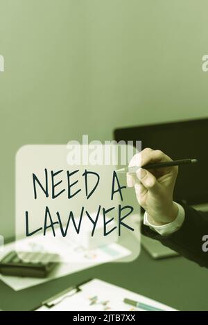 Conceptual display Need A Lawyer. Business idea Offering of legal advice Attorney consultancy advice Man pointing finger holding trophy cheering Stock Photo