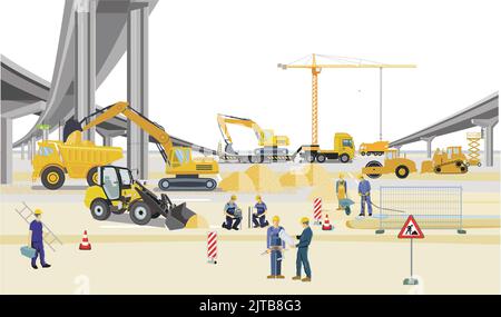 Bridges construction site with construction workers, illustration Stock Vector