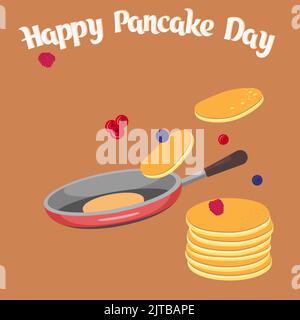 Fried pancakes in a frying pan, fresh berries, ready to eat. Beautiful design for happy Pancake Day. Bakery, homemade food, diy concept. Stock Vector