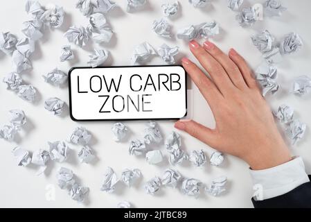 Handwriting text Low Carb Zone. Business showcase Healthy diet for losing weight eating more proteins sugar free Phone With Important Message On Stock Photo